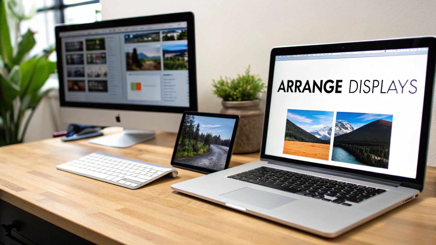 A person configuring a dual monitor setup on a Windows laptop, with the display settings open.