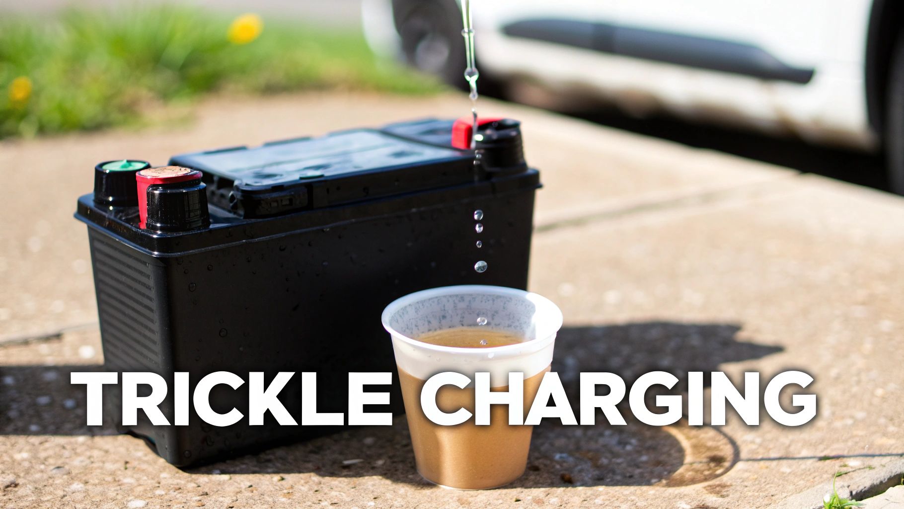 A car battery being charged by a trickle charger in a garage.