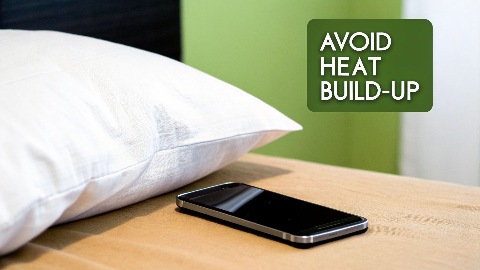 A smartphone resting on a bed next to a white pillow, with a warning to avoid heat build-up.
