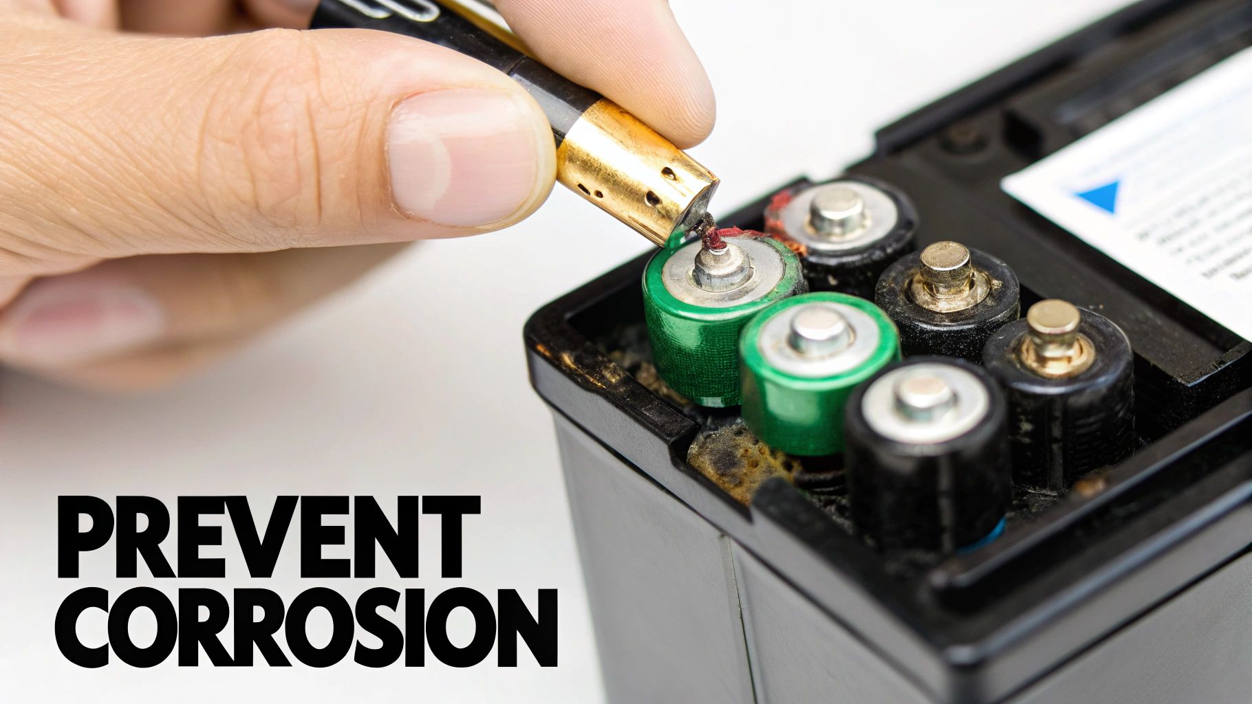 A person applying protective grease to clean battery terminals in a remote control.
