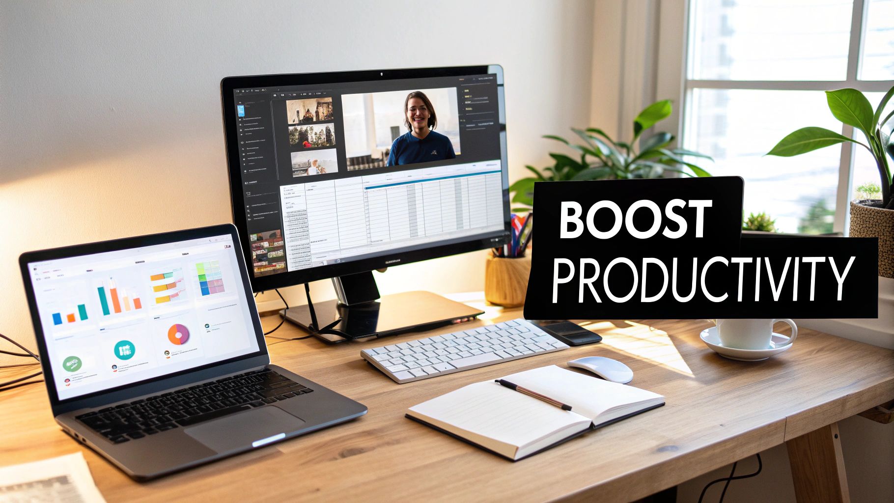 A modern dual monitor setup with a laptop in the middle, showing a clean and organized workspace.