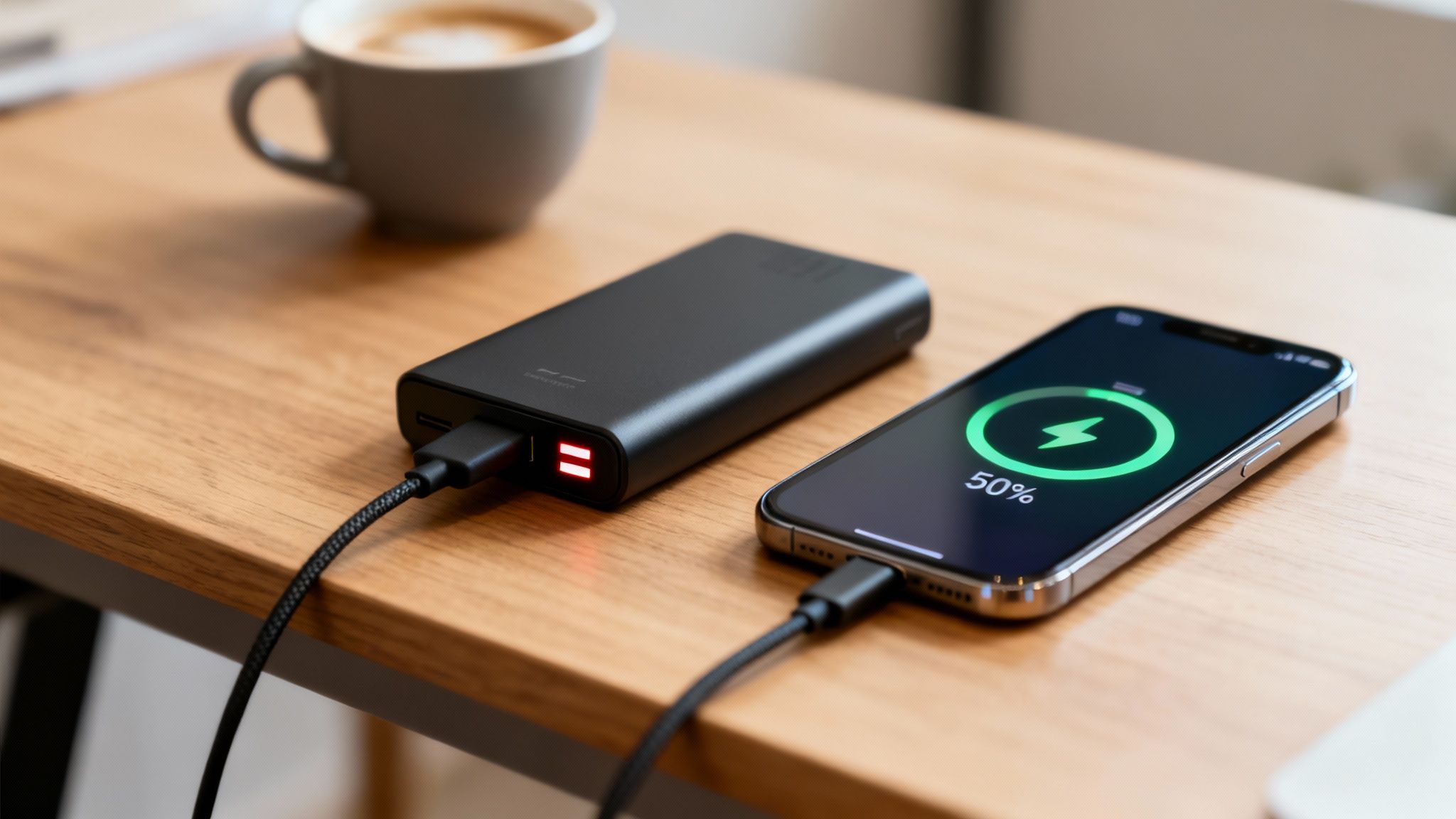 A black power bank charging a silver smartphone on a wooden table, showing 50% battery.