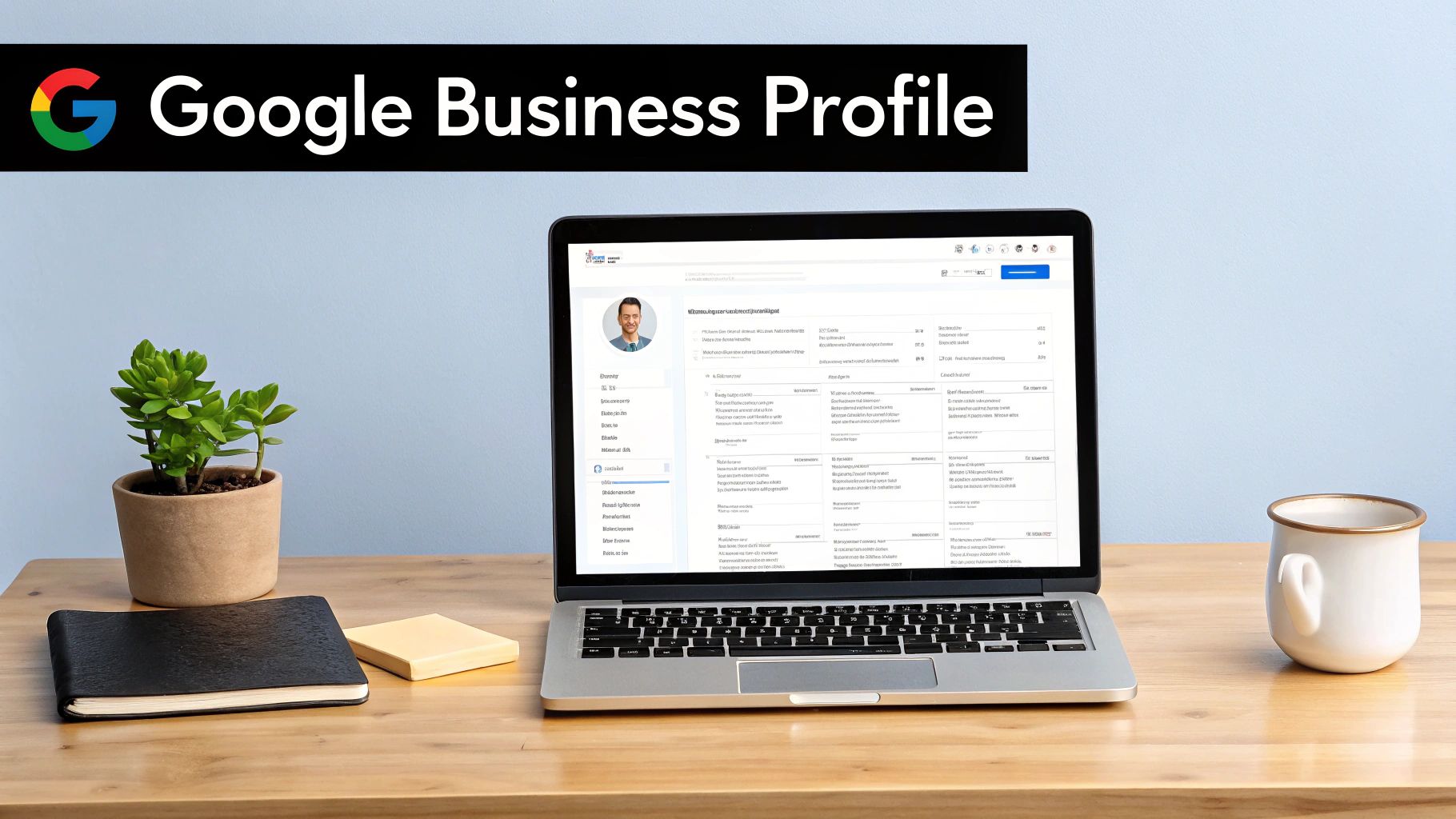A Google Business Profile interface on a laptop, with a plant, notebook, and mug on a wooden desk.