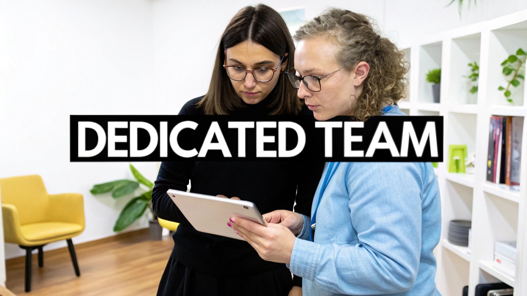 Two women, a dedicated team, collaboratively reviewing content on a digital tablet in an office.