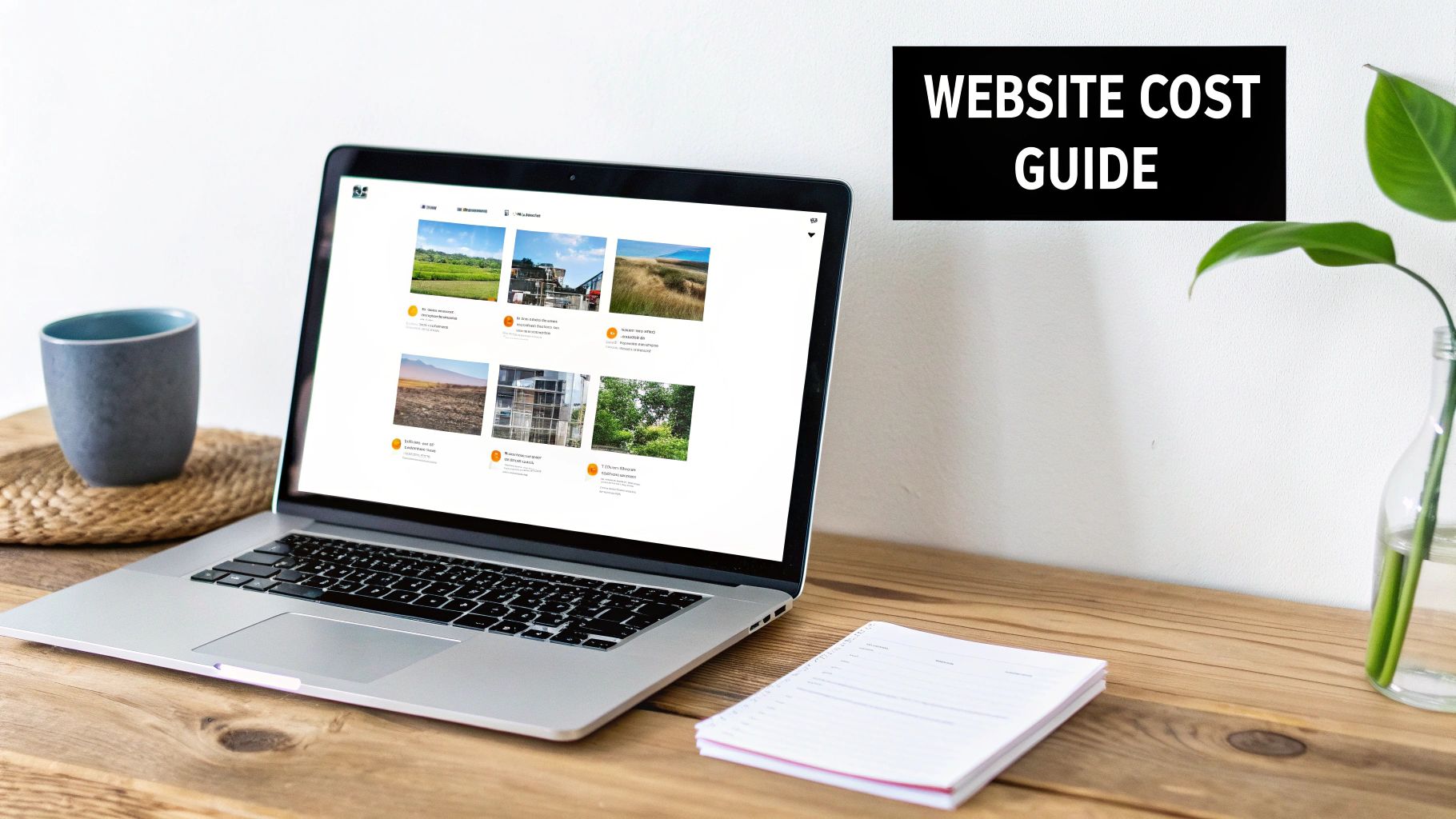 A laptop on a wooden desk displays a website with images, beside a mug, notebook, and 'Website Cost Guide' text.