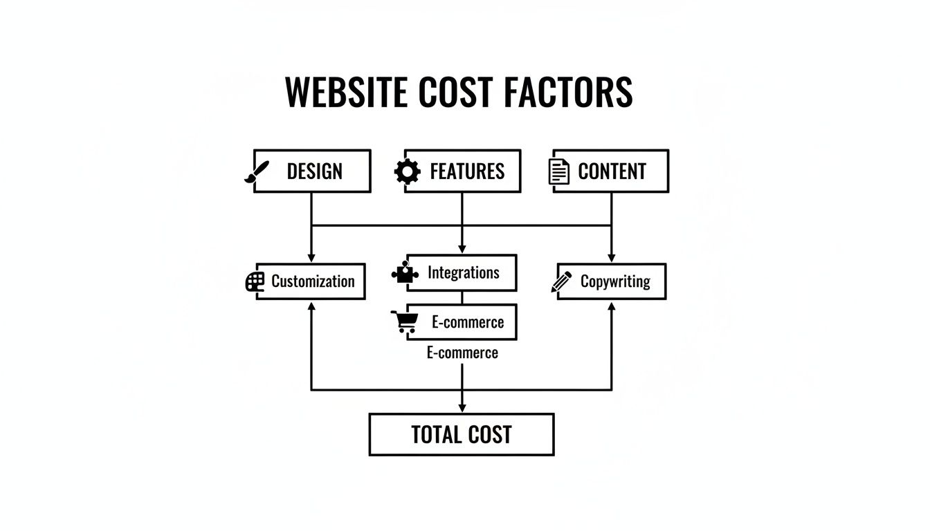 Flowchart showing website cost factors: design, features, content, customization, integrations, e-commerce, and copywriting.