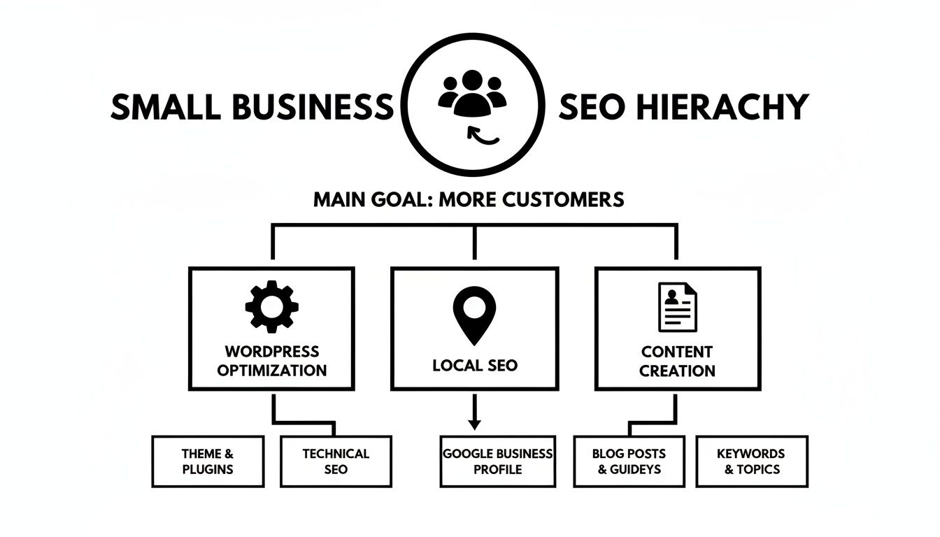 A diagram outlining the small business SEO hierarchy, focused on gaining more customers through various strategies.