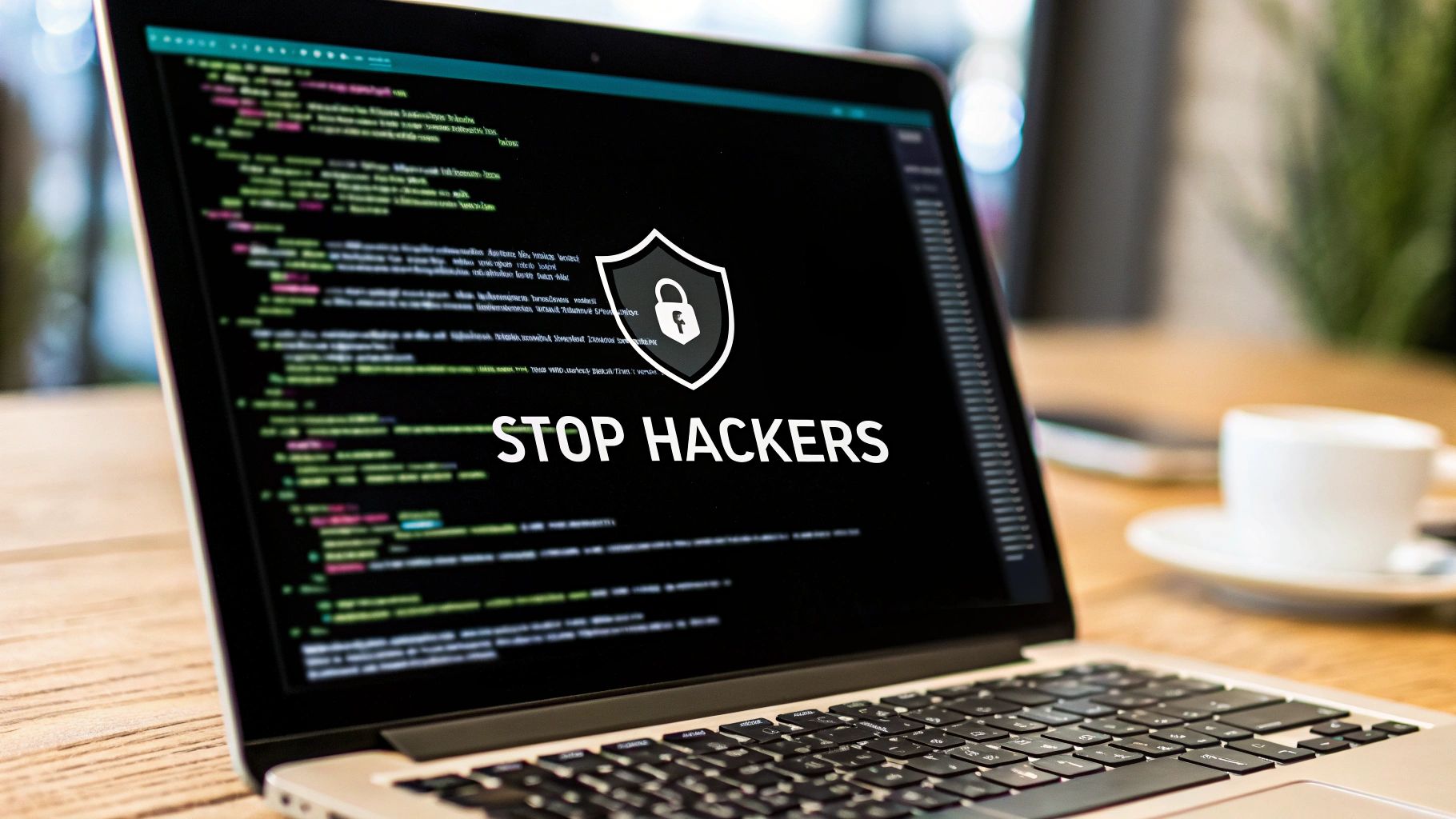 A laptop screen displaying 'STOP HACKERS' with a shield and lock icon, surrounded by code.