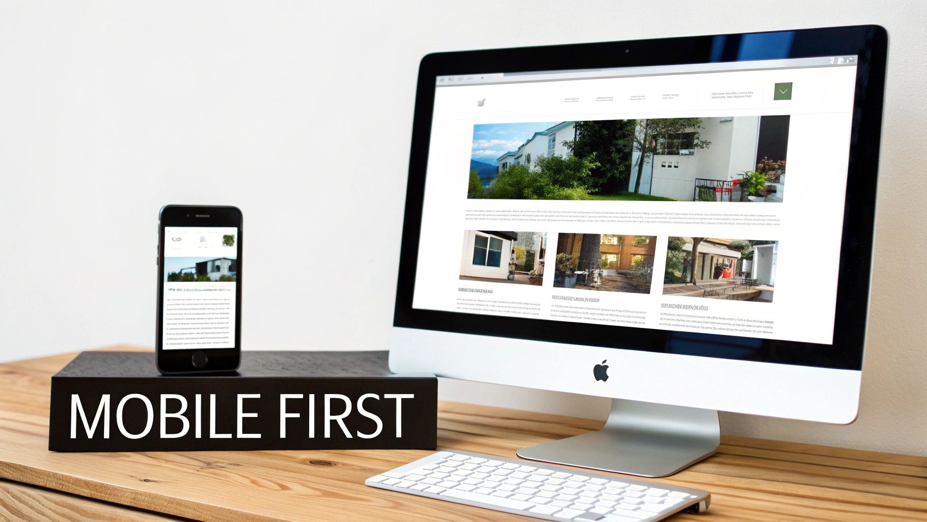 A desktop computer and a smartphone display a responsive website, with a 'MOBILE FIRST' sign emphasizing adaptable web design.