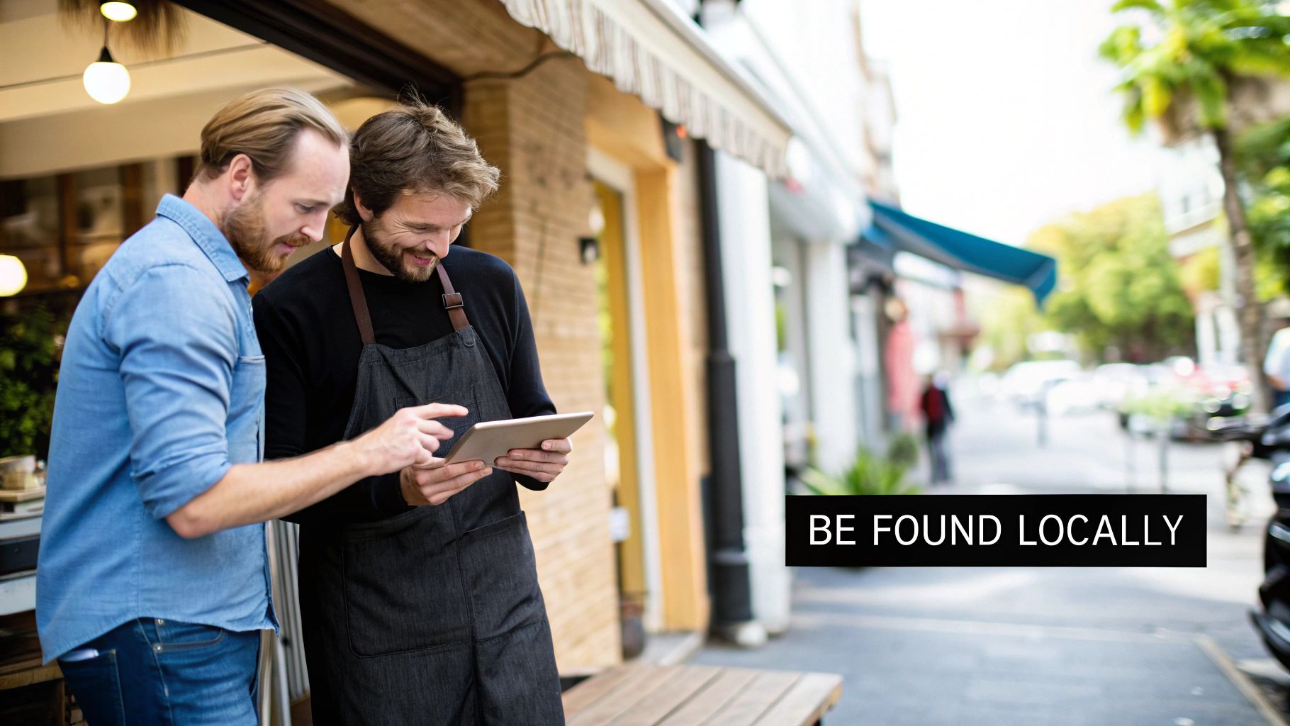 Two happy small business owners discussing sales on a tablet outside their local shop, emphasizing local visibility.
