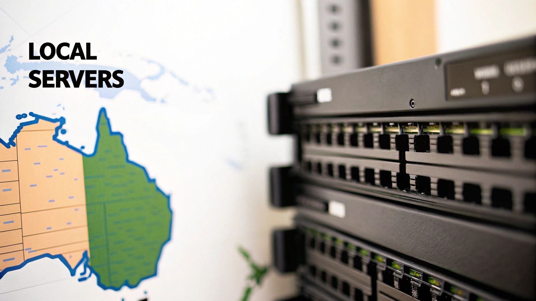 Rack servers and a map of Australia with 'LOCAL SERVERS' text for local data infrastructure.