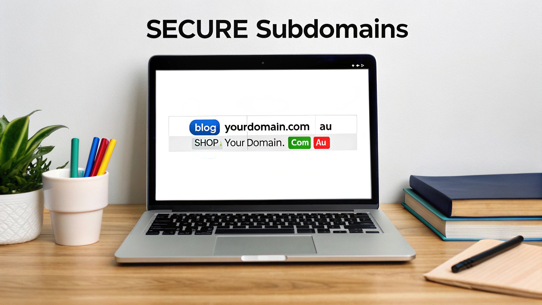 A laptop on a wooden desk displays 'SECURE Subdomains', showing 'yourdomain.com' and 'shop.yourdomain.com'.