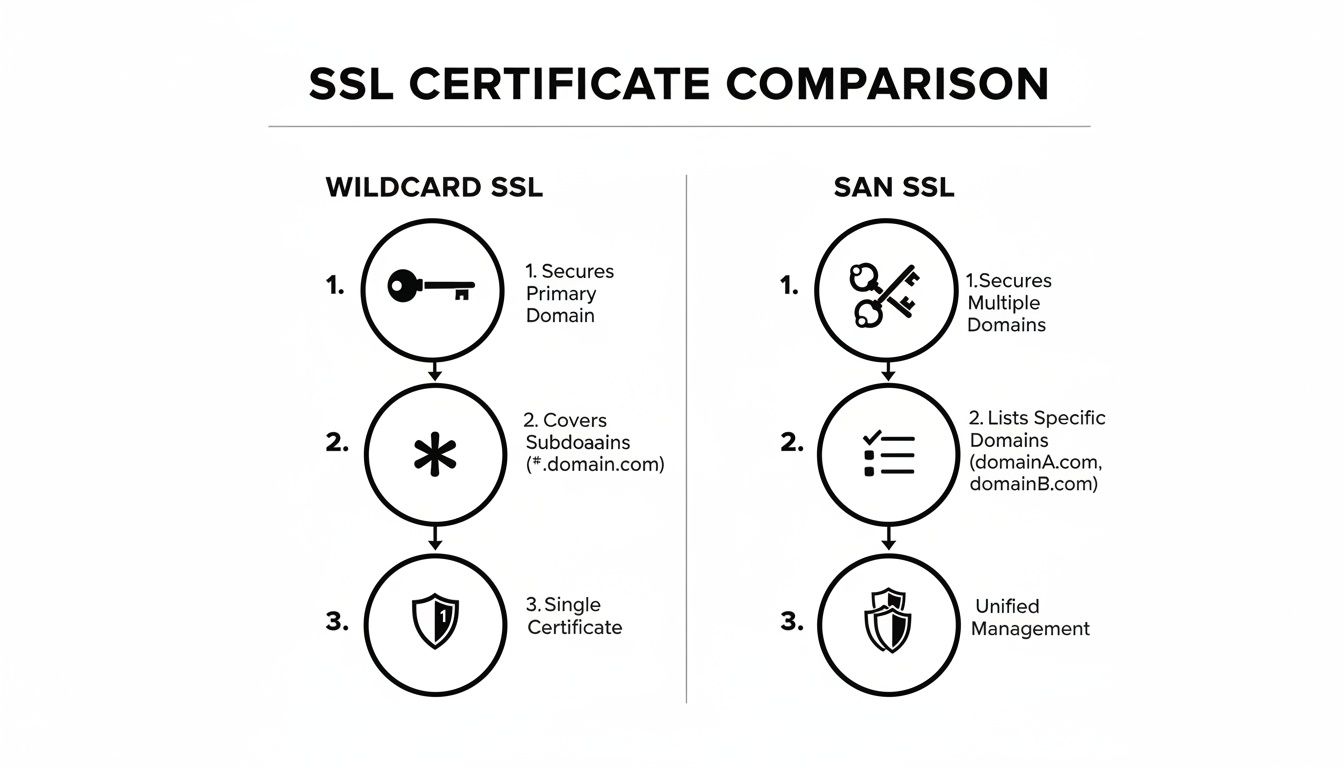 Comparison of Wildcard SSL and SAN SSL certificates, detailing their features, domain coverage, and management.