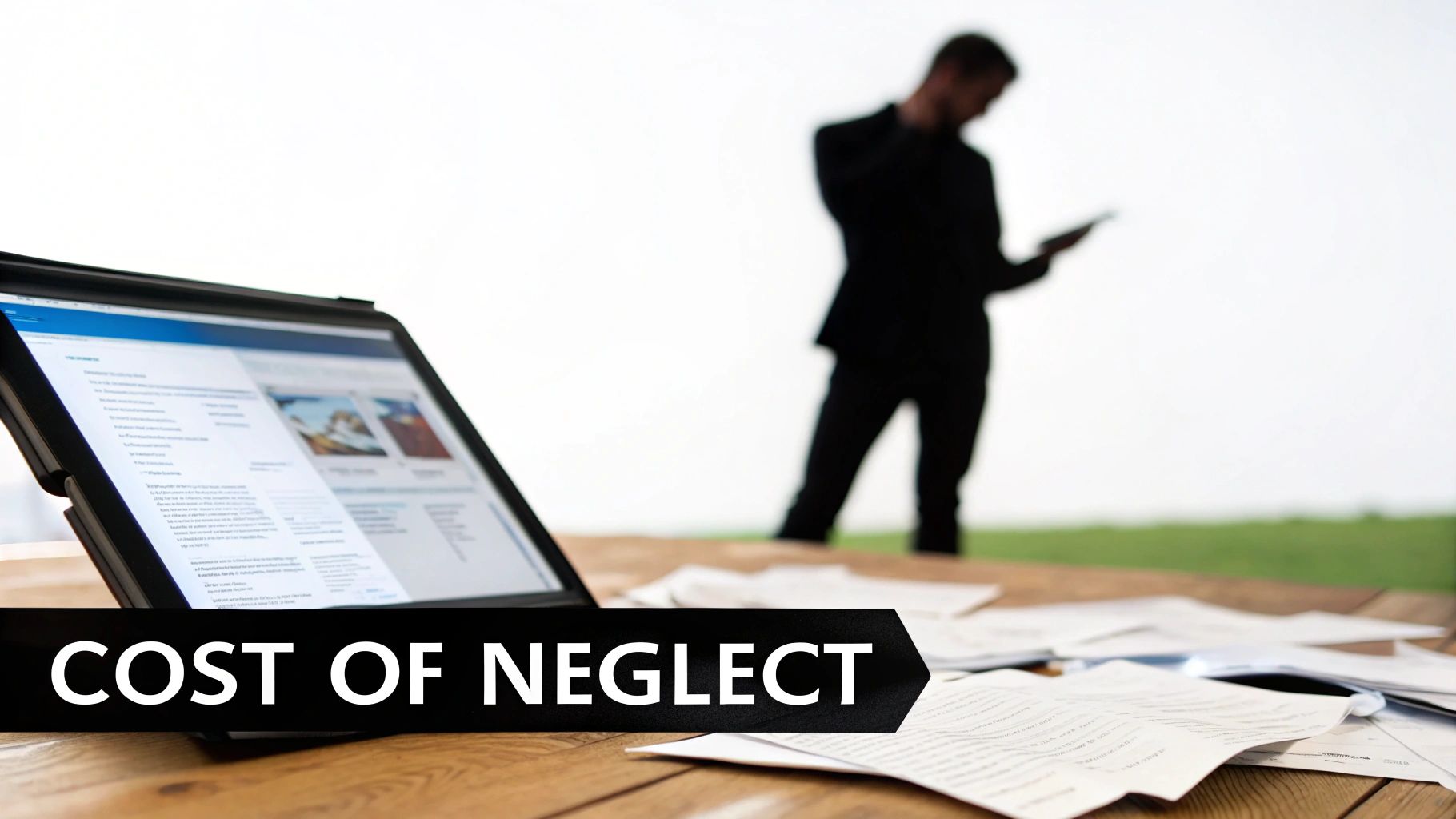 A laptop and scattered papers on a table, with a blurred, stressed man in the background, illustrating the cost of neglect.