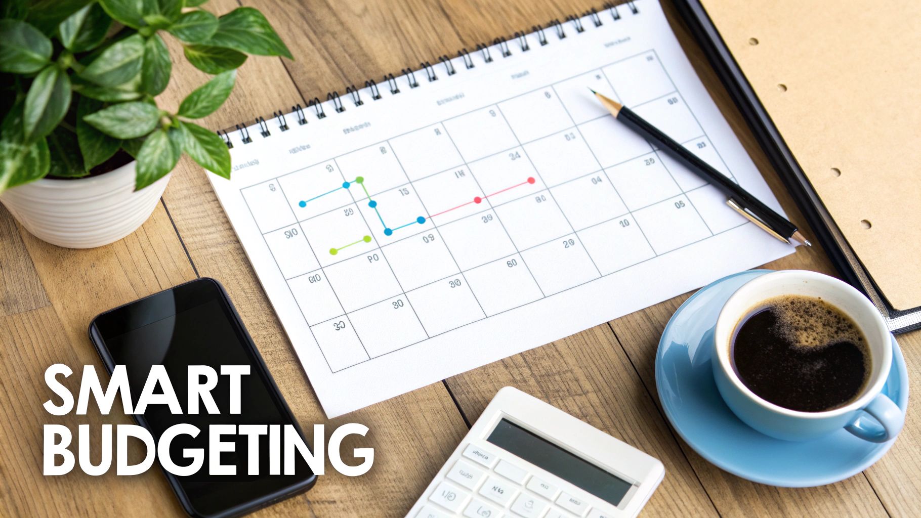 A top-down view of a desk with a calendar, calculator, smartphone, coffee, and a plant, with 'Smart Budgeting' text overlay.