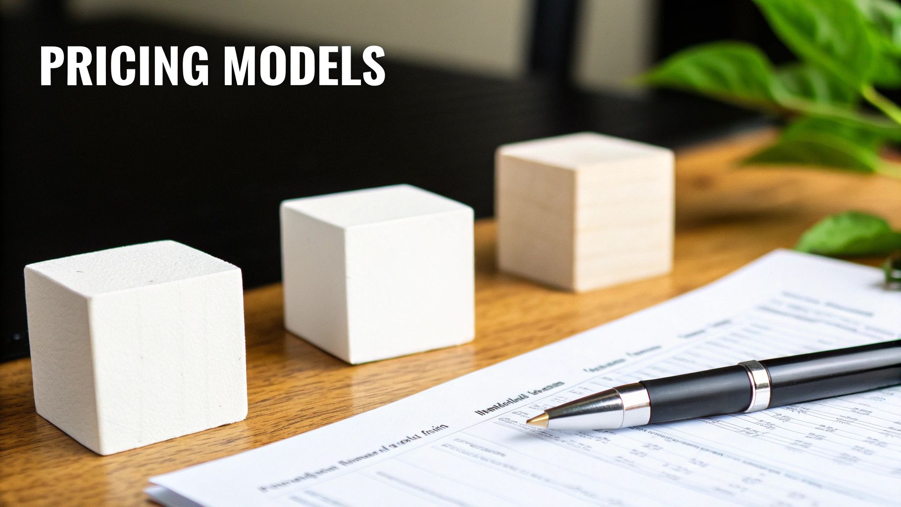 Desk setup with 'PRICING MODELS' text, blocks, a pen, and a document for business planning.