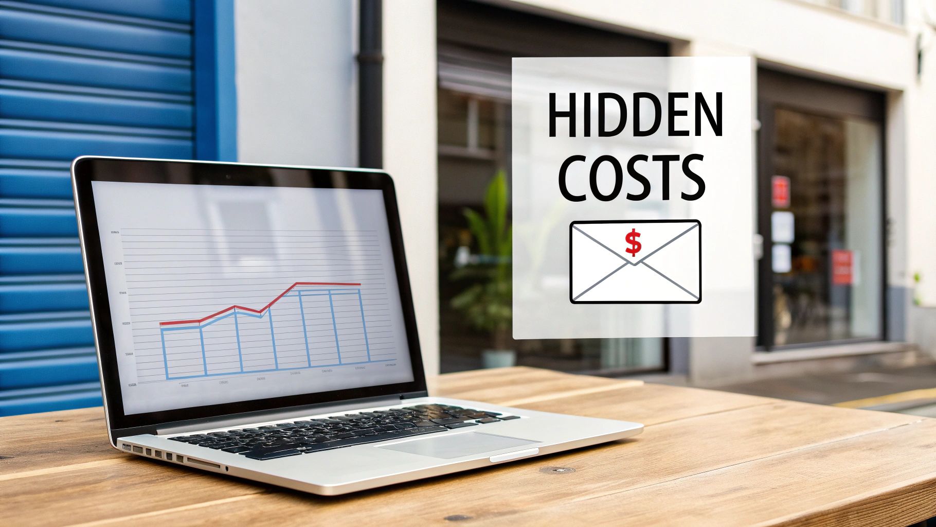 A laptop with a graph on screen, displaying 'HIDDEN COSTS' and a dollar sign envelope.