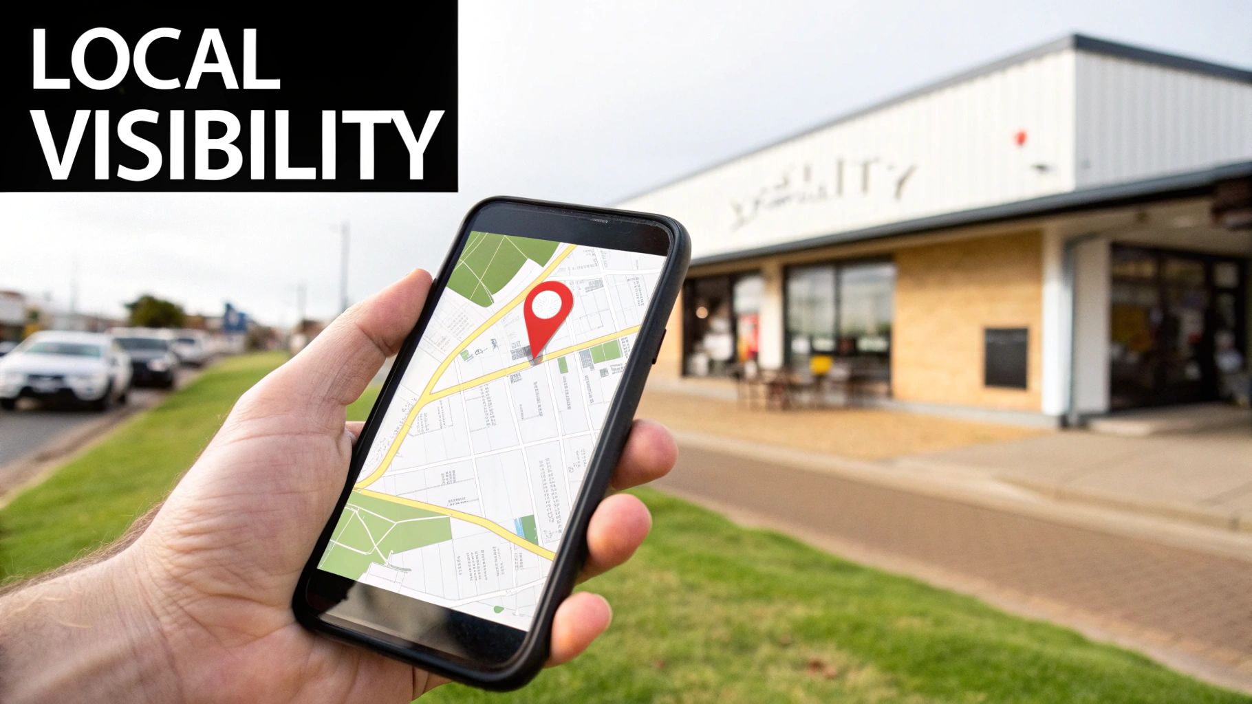 A hand holding a smartphone displaying a map with a red location pin, emphasizing local business visibility.