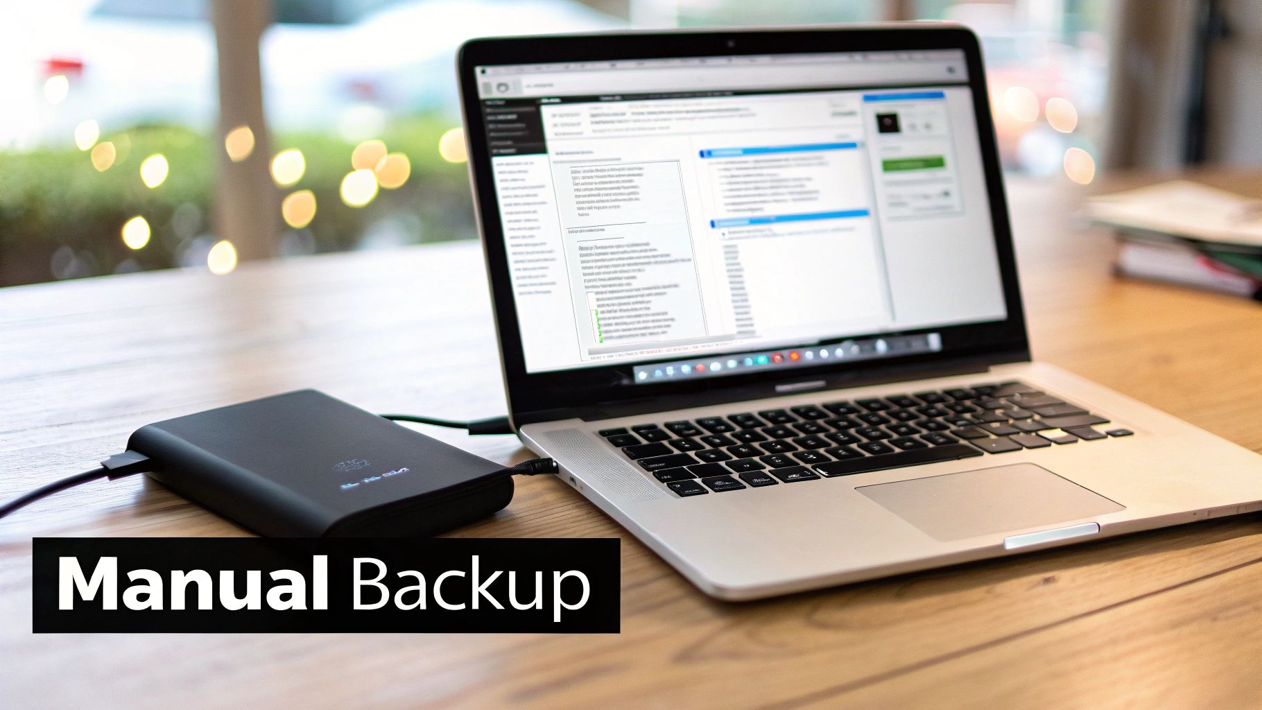 A silver laptop connected to a black external hard drive on a wooden desk, illustrating a manual backup process.