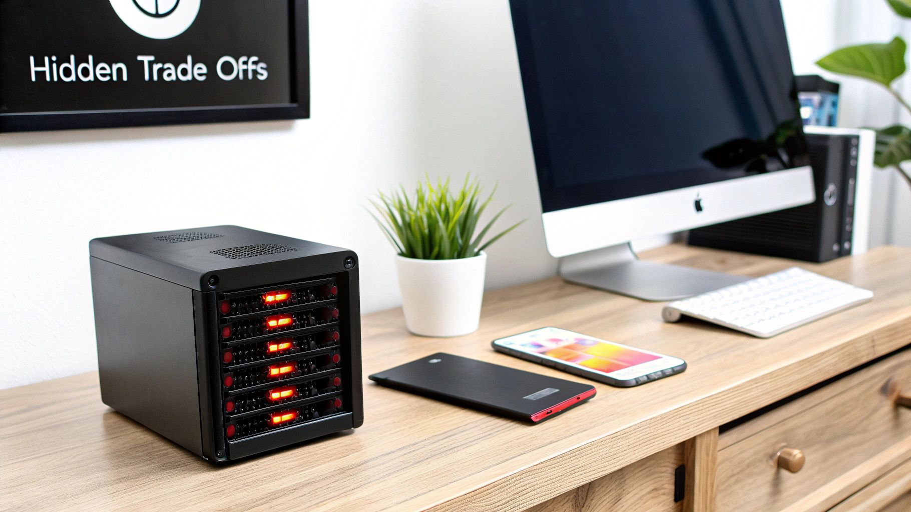 A black hard drive enclosure with glowing red lights, iMac, and smartphones on a wooden desk.