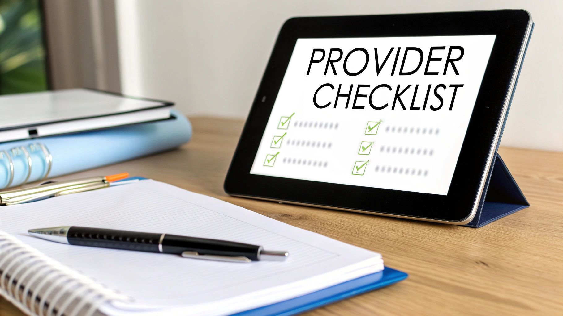 A tablet displaying a 'PROVIDER CHECKLIST' with checkboxes, alongside notebooks and pens on a wooden desk.