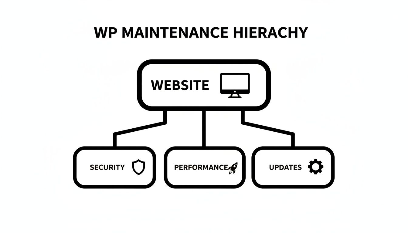 Diagram showing WordPress maintenance hierarchy with website, security, performance, and updates.