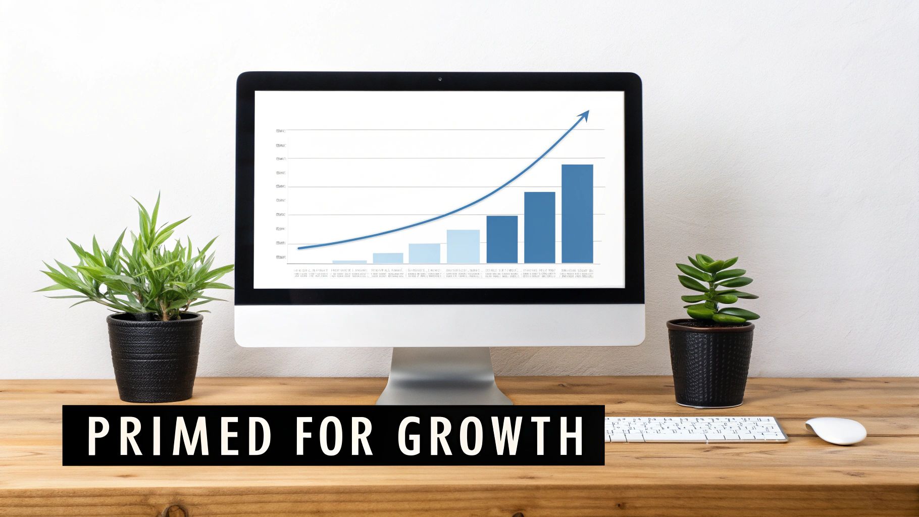 A computer monitor displays a growth chart with an upward arrow and increasing bars, on a wooden desk with plants, keyboard, and mouse, overlaid with the text 'PRIMED FOR GROWTH'.
