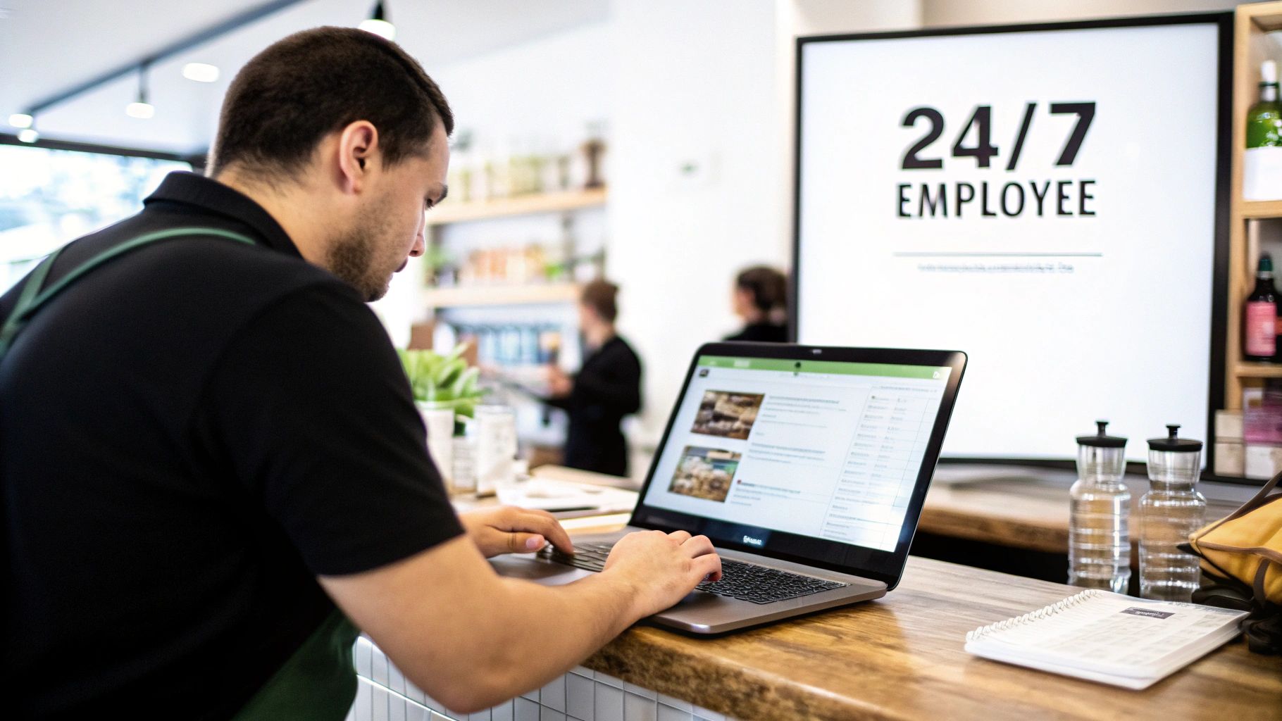 A man in an apron works on a laptop at a counter, with a '24/7 EMPLOYEE' screen in the background.
