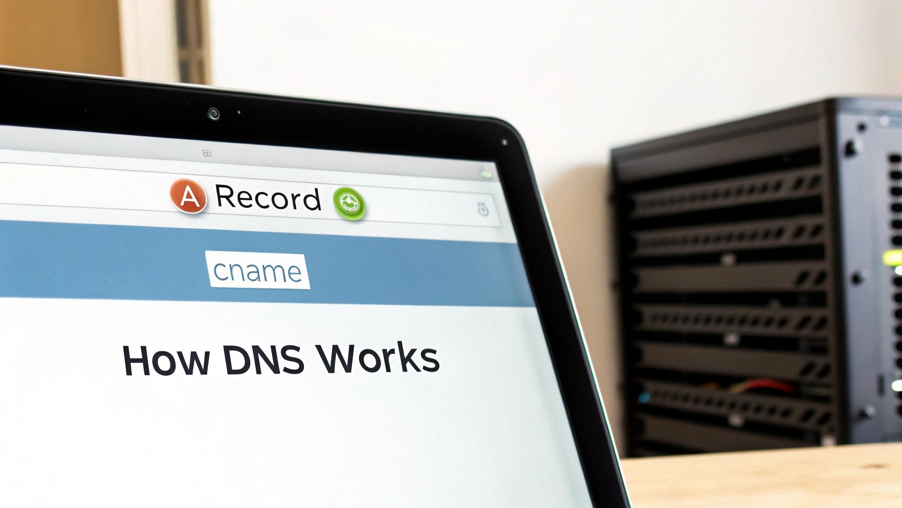 Laptop screen showing a webpage about 'How DNS Works' with 'A Record' and 'cname' visible, next to a server rack.