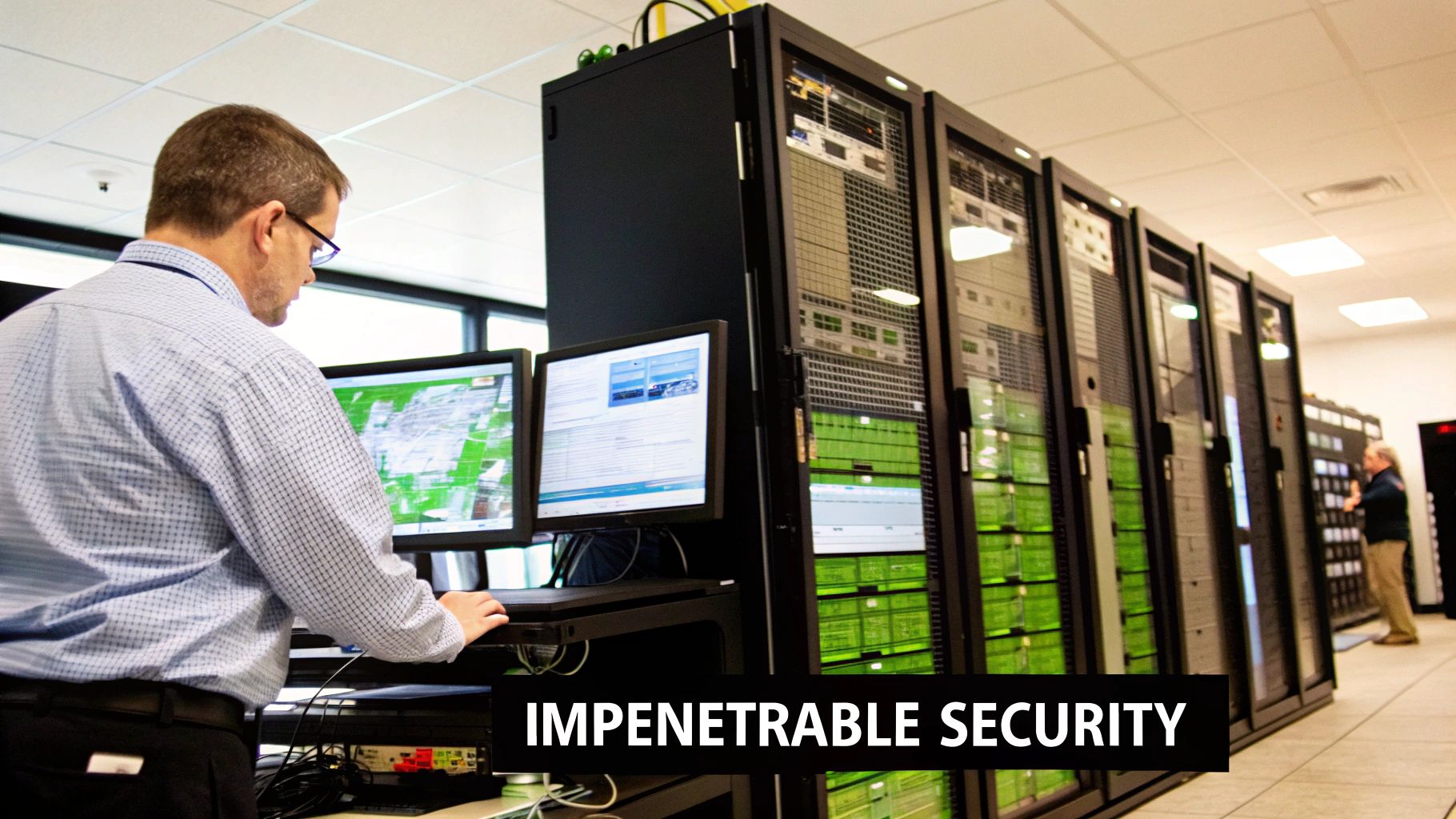 A man in a server room working at multiple monitors with rows of server racks.