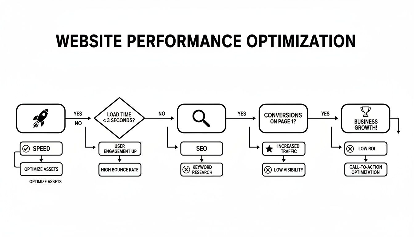 Flowchart illustrating website performance optimization steps, from speed to SEO, conversions, and business growth.