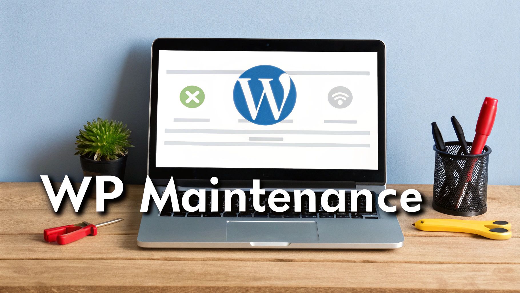 A laptop displaying a WordPress logo and status icons, with 'WP Maintenance' text overlay, on a wooden desk.