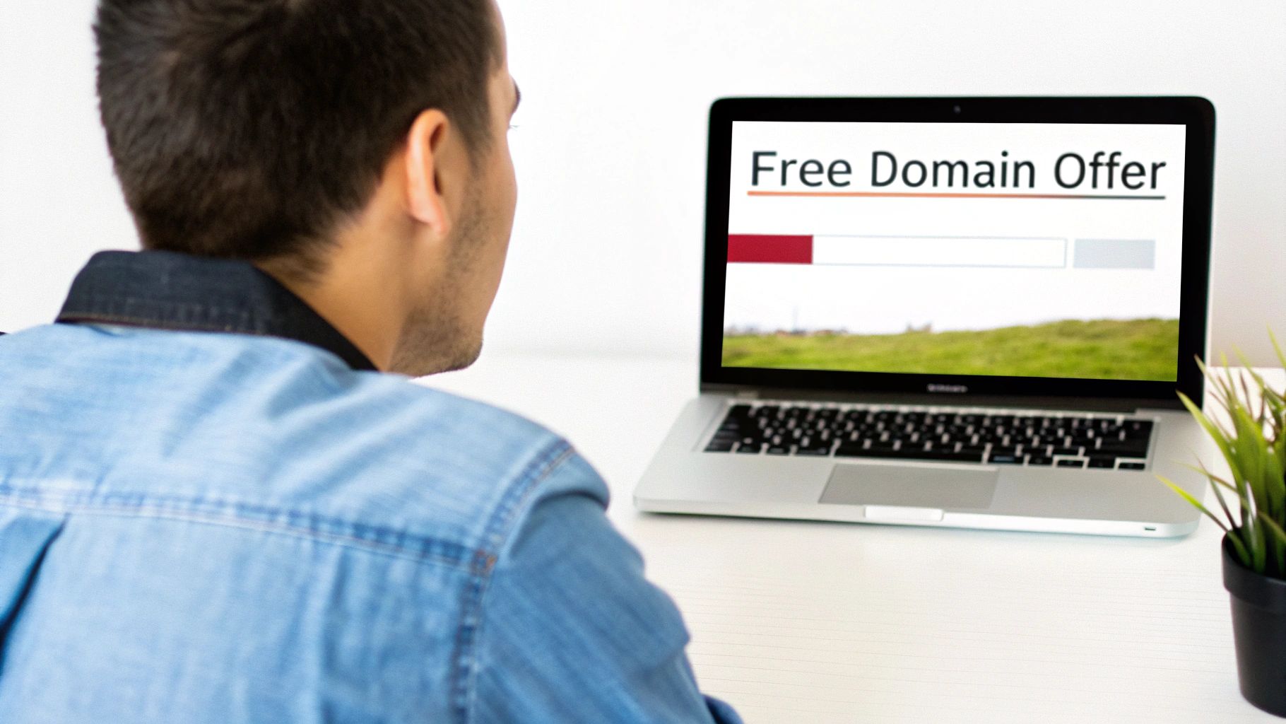 Man viewing a laptop screen advertising a 'Free Domain Offer' on a white desk.