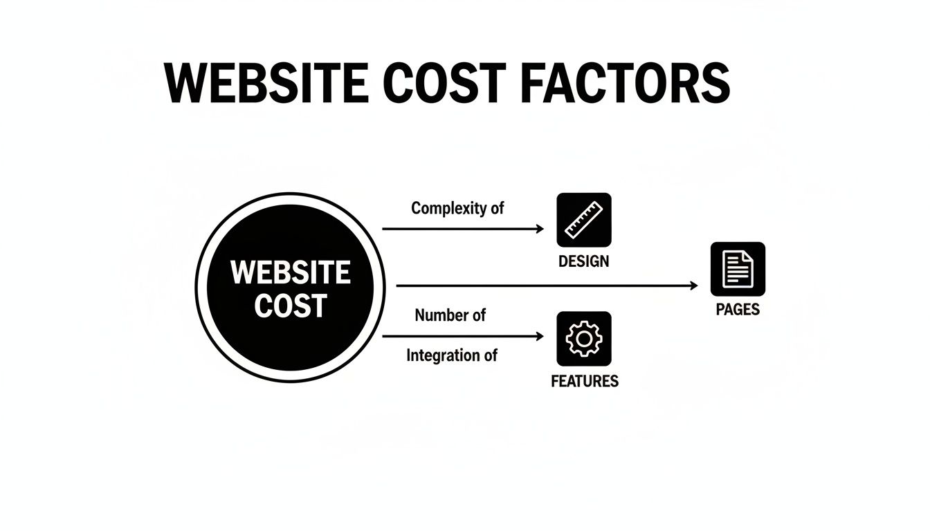 Flowchart illustrating website cost factors like design complexity, number of pages, and integrated features.