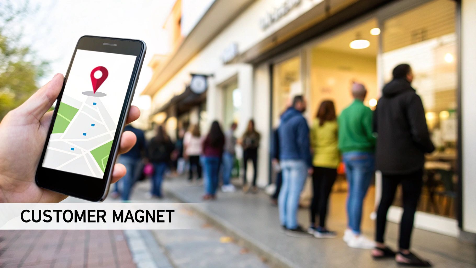 A hand holding a phone with a map and pin, indicating customers queuing outside a store.