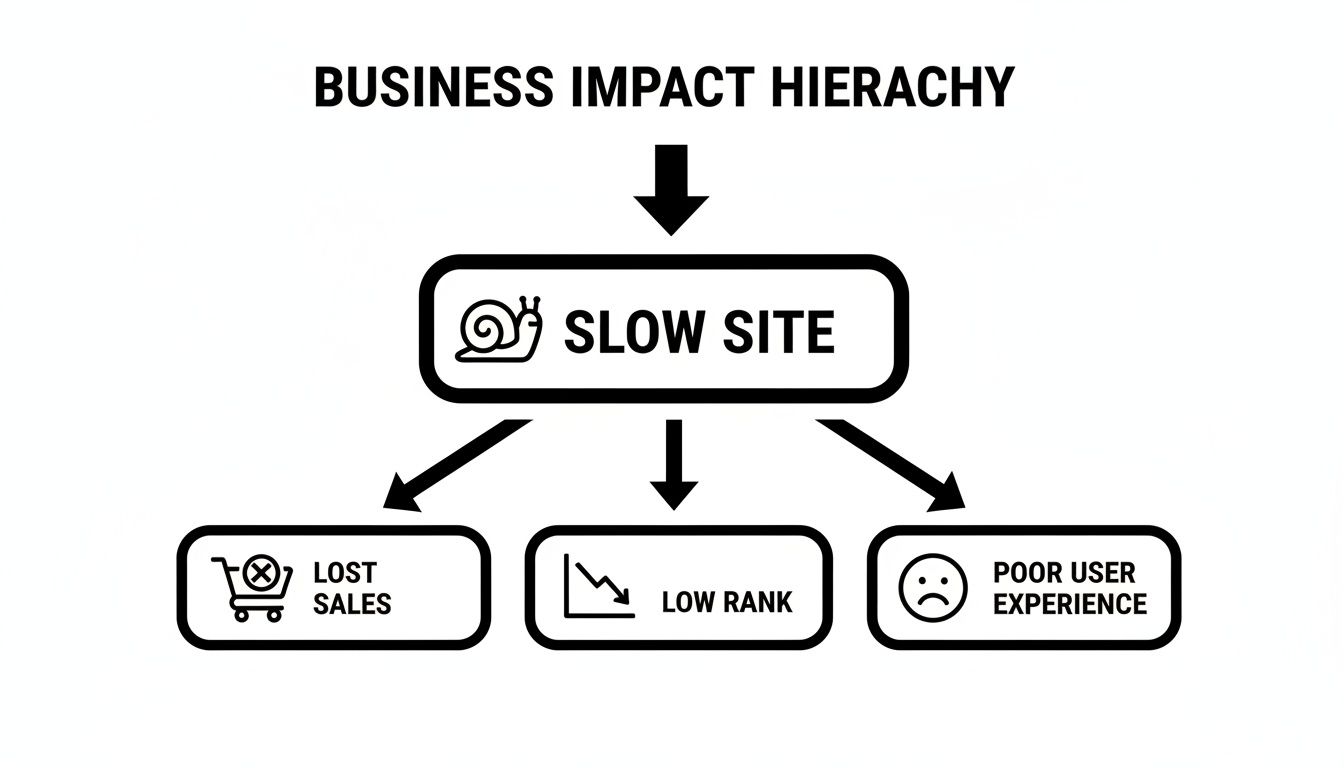 Diagram illustrating the business impact hierarchy: a slow website leads to lost sales, low rank, and poor user experience.