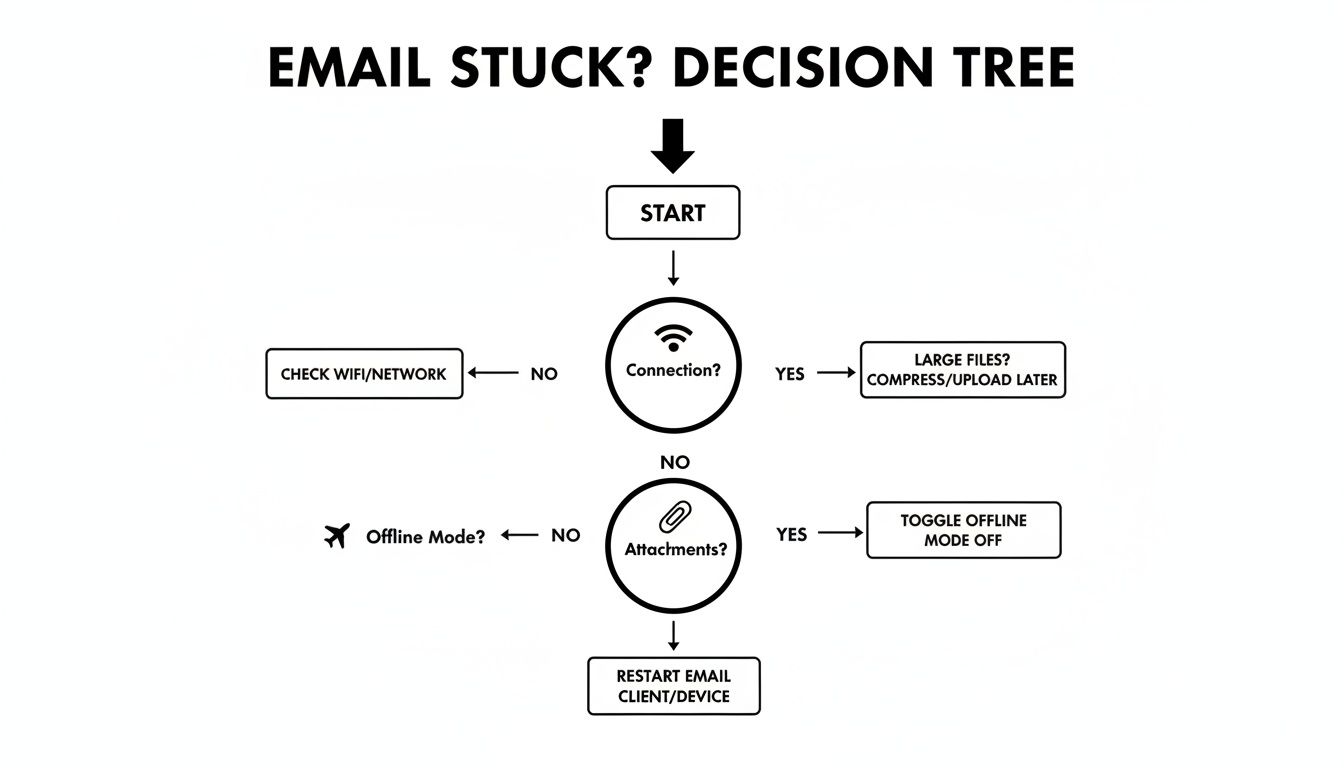 Flowchart illustrating a decision tree to troubleshoot an email stuck, guiding through connection, attachments, and restarts.