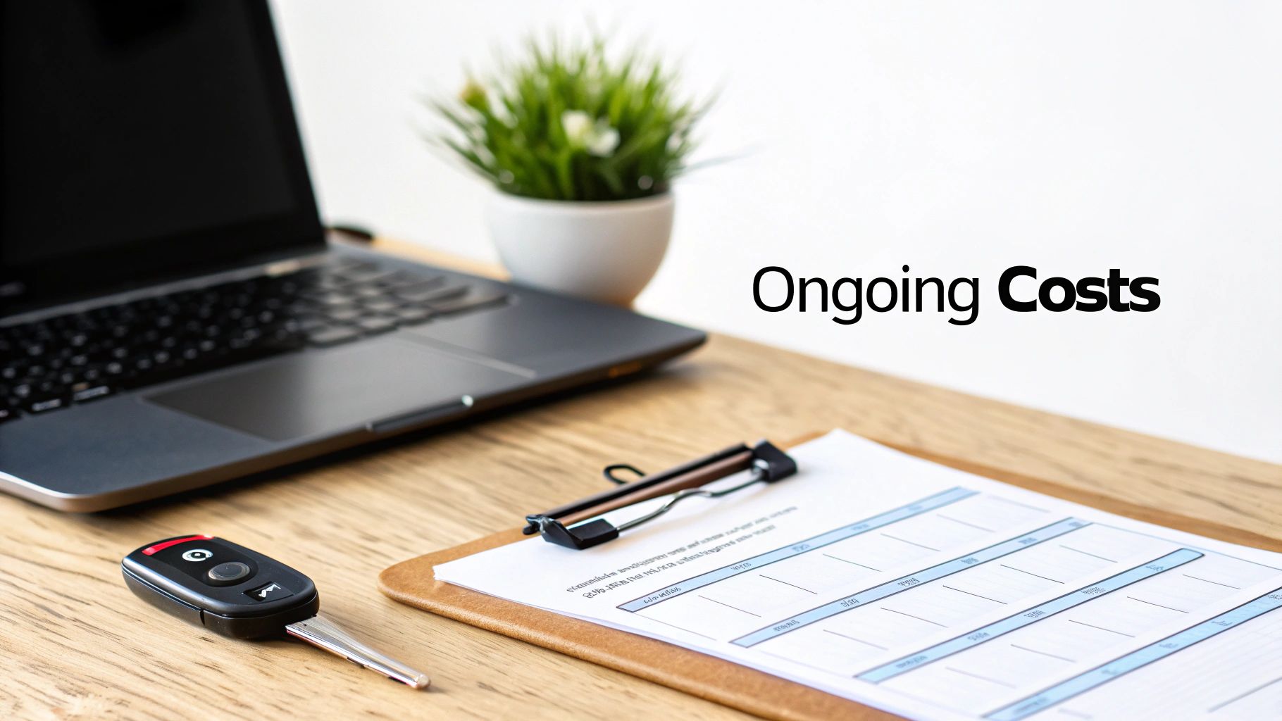 A desk setup with a laptop, car key, plant, and a document titled 'Ongoing Costs'.
