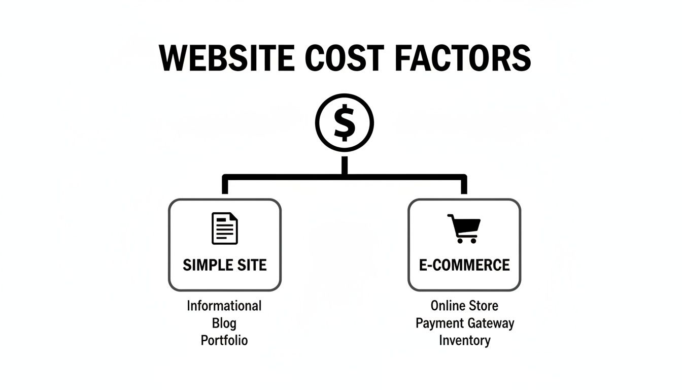 Factors influencing website costs, categorizing simple sites vs. e-commerce, with examples for each.