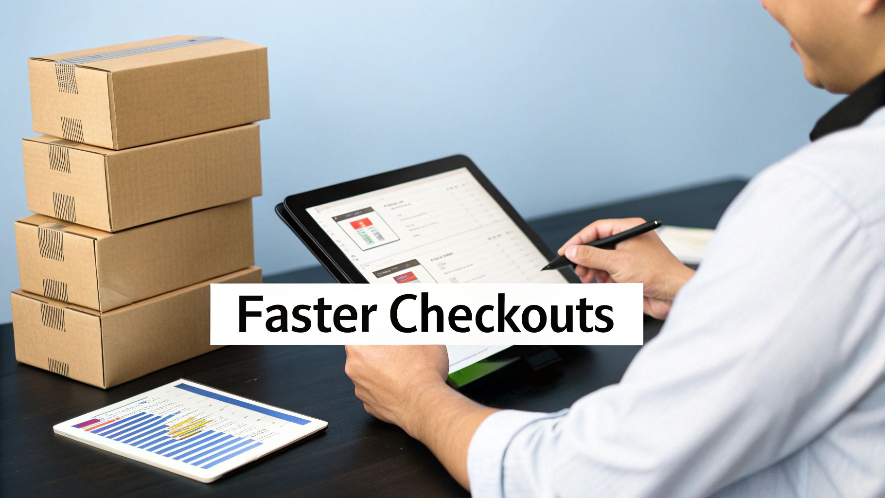 A person uses a tablet and stylus next to stacked boxes, with a 'Faster Checkouts' text overlay.