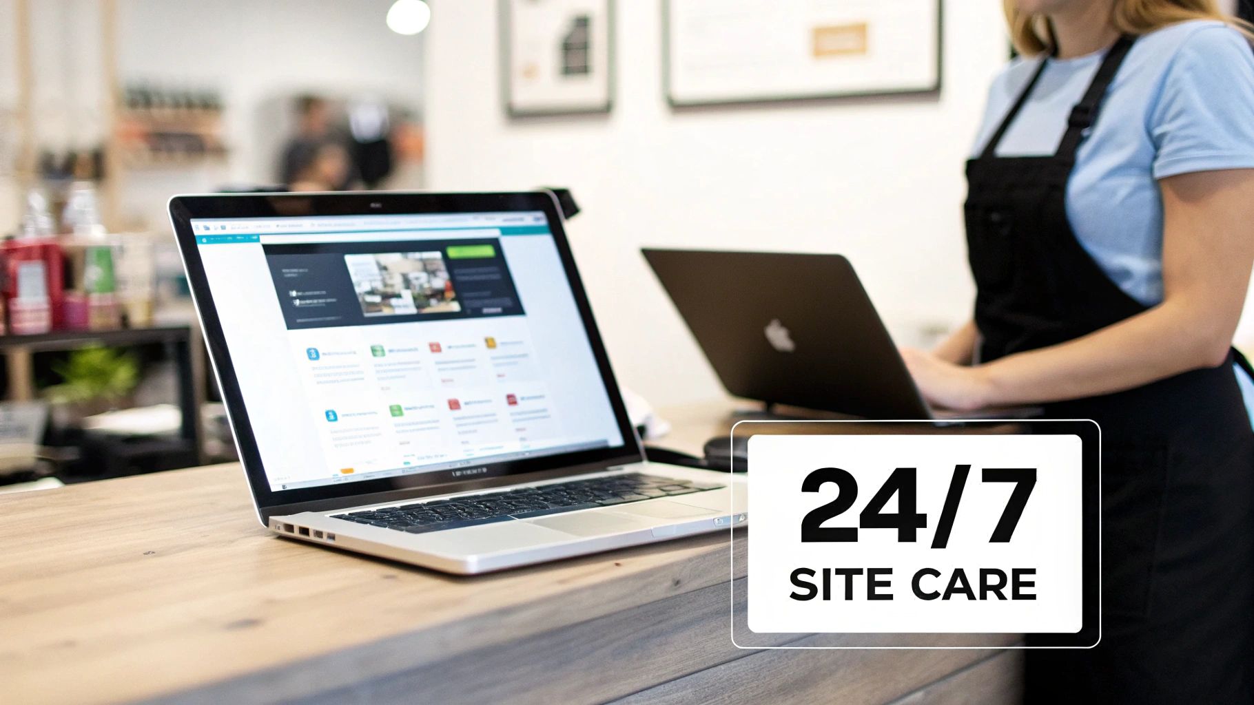 A person in an apron works on two laptops at a wooden counter, with a '24/7 SITE CARE' overlay.
