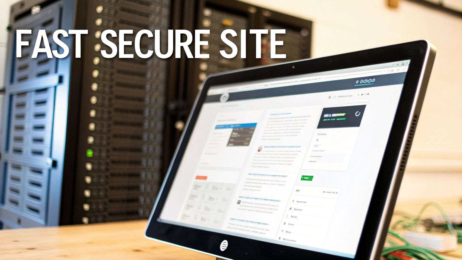 A computer monitor displaying a website with server racks in the background, promoting a 'FAST SECURE SITE'.