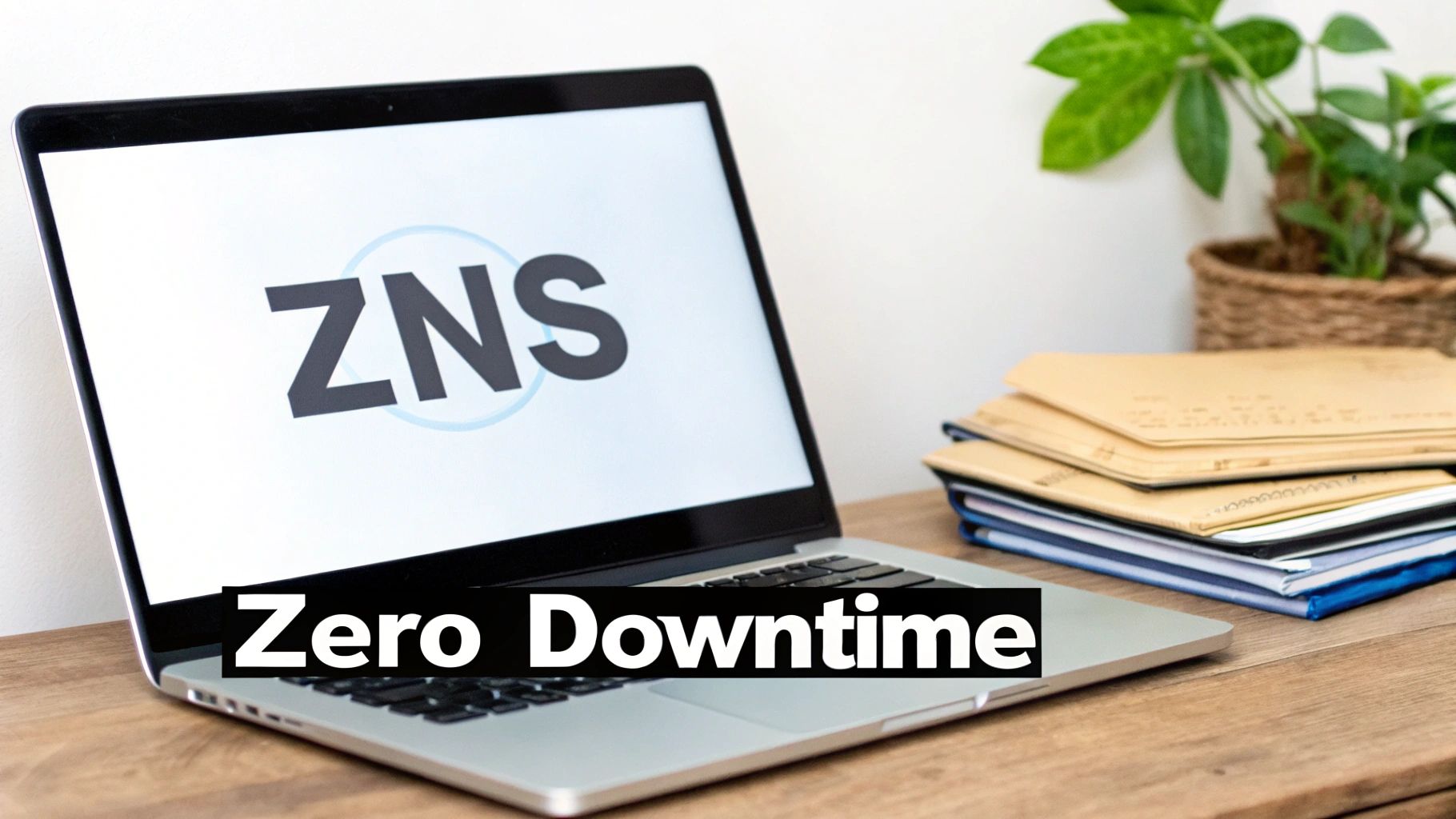 A laptop on a wooden desk displays the ZNS logo and "Zero Downtime" text. Documents and a plant are nearby.
