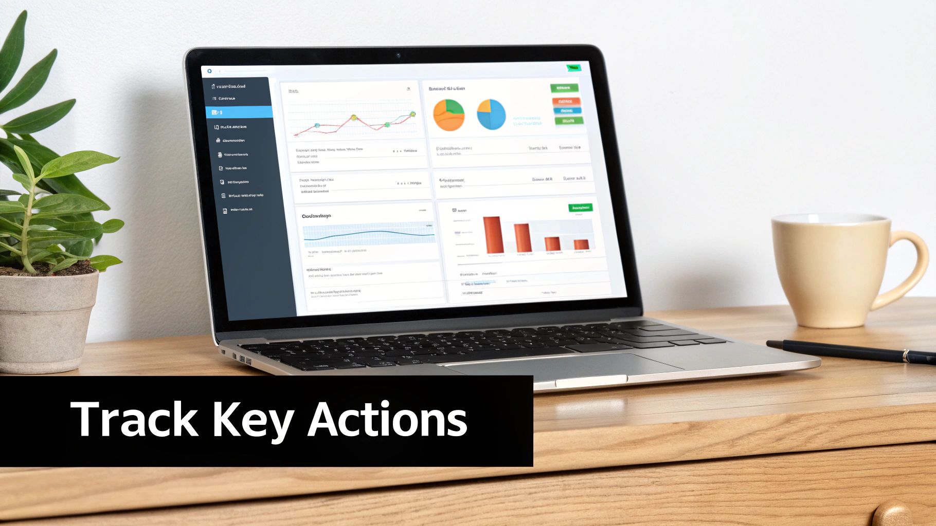 A laptop displays a data analytics dashboard with graphs and charts, suitable for tracking key actions.