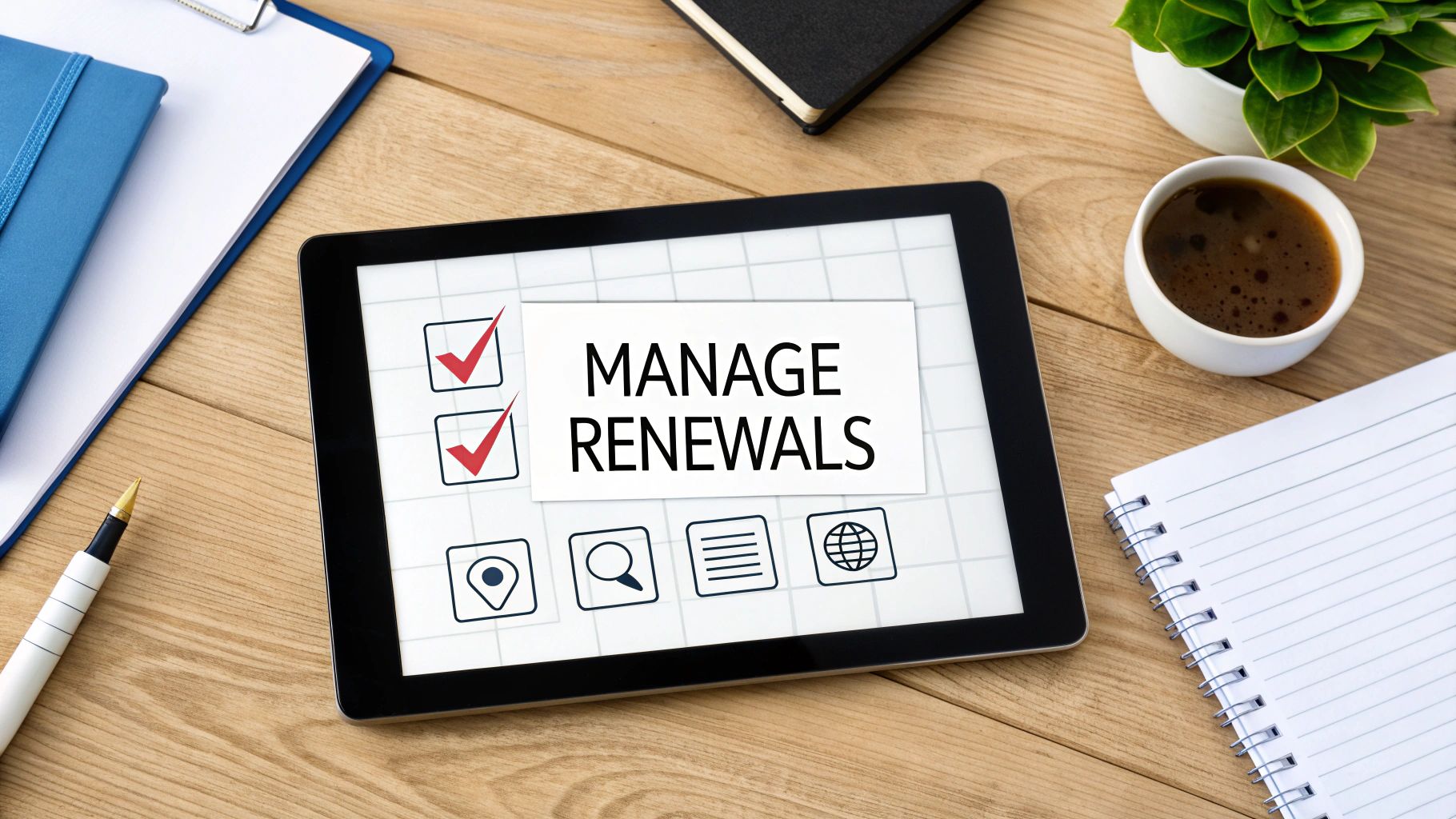 A tablet on a wooden desk displays 'MANAGE RENEWALS' with checked boxes and office items.