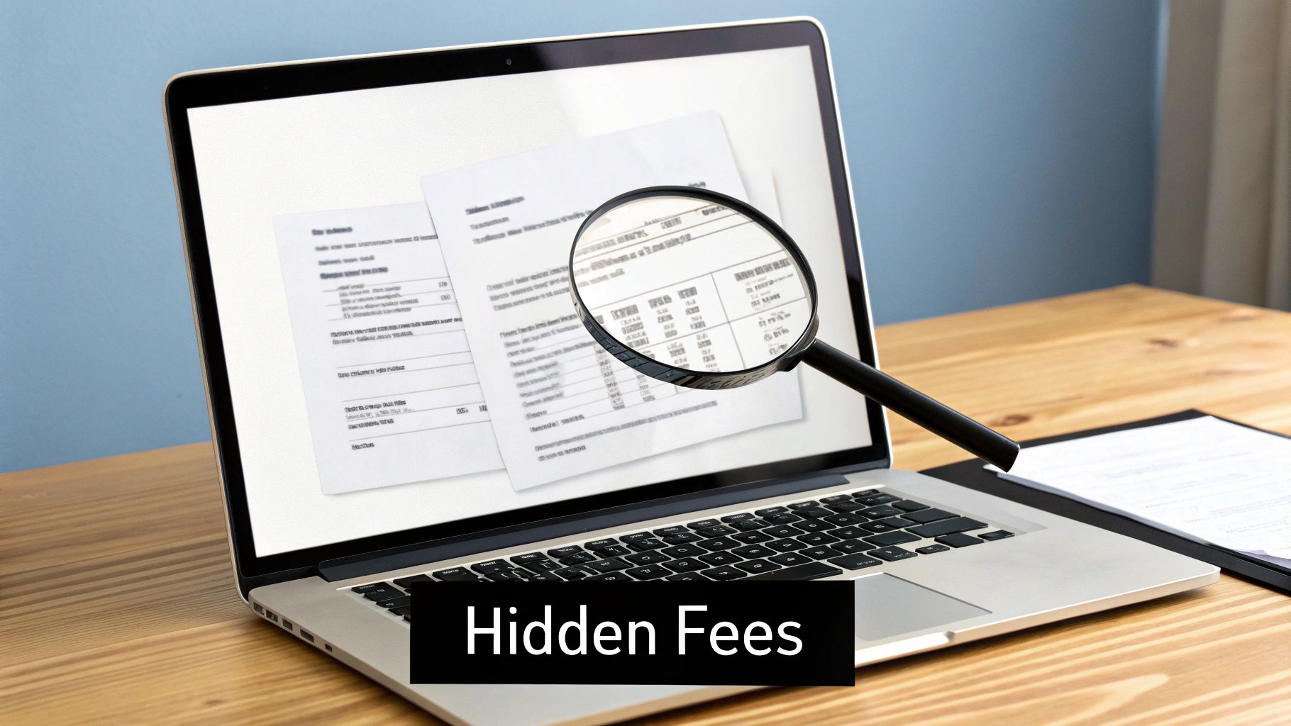 A magnifying glass on a laptop screen reviewing financial documents for hidden fees.