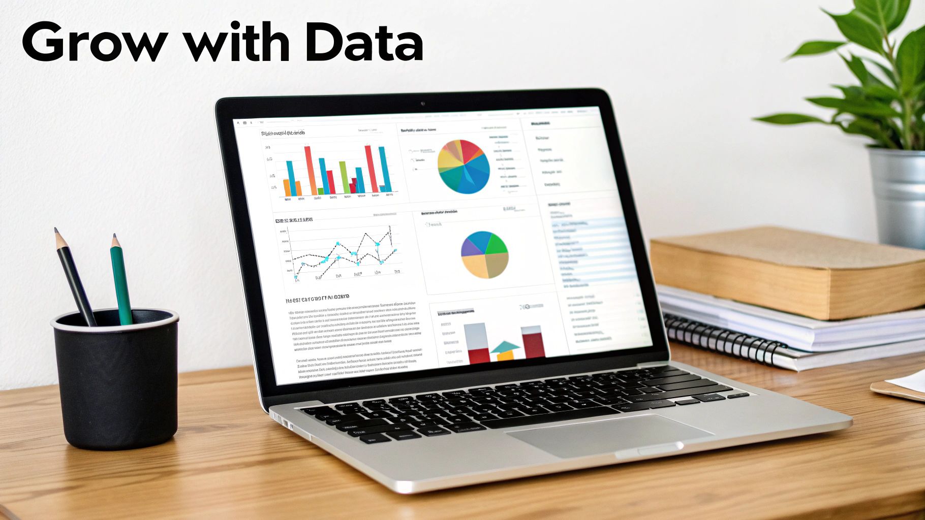 A laptop displaying data charts and graphs, emphasizing 'Grow with Data' on a desk.