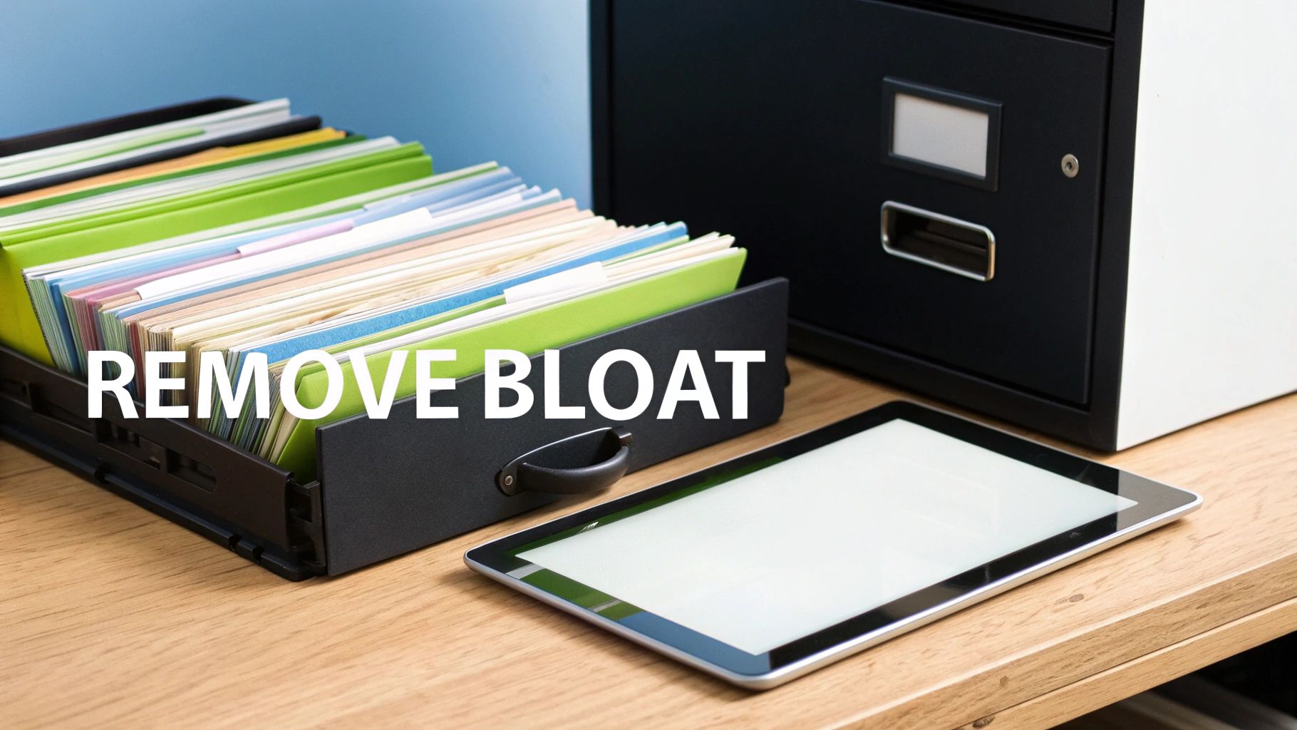A workspace showing physical files, a filing cabinet, and a tablet on a wooden desk with overlay text 'REMOVE BLOAT'.