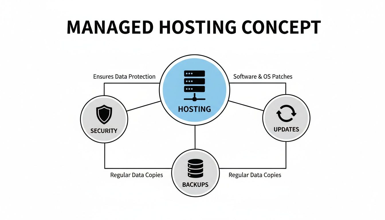 A diagram explaining the managed hosting concept, connecting hosting with security, updates, and backups.