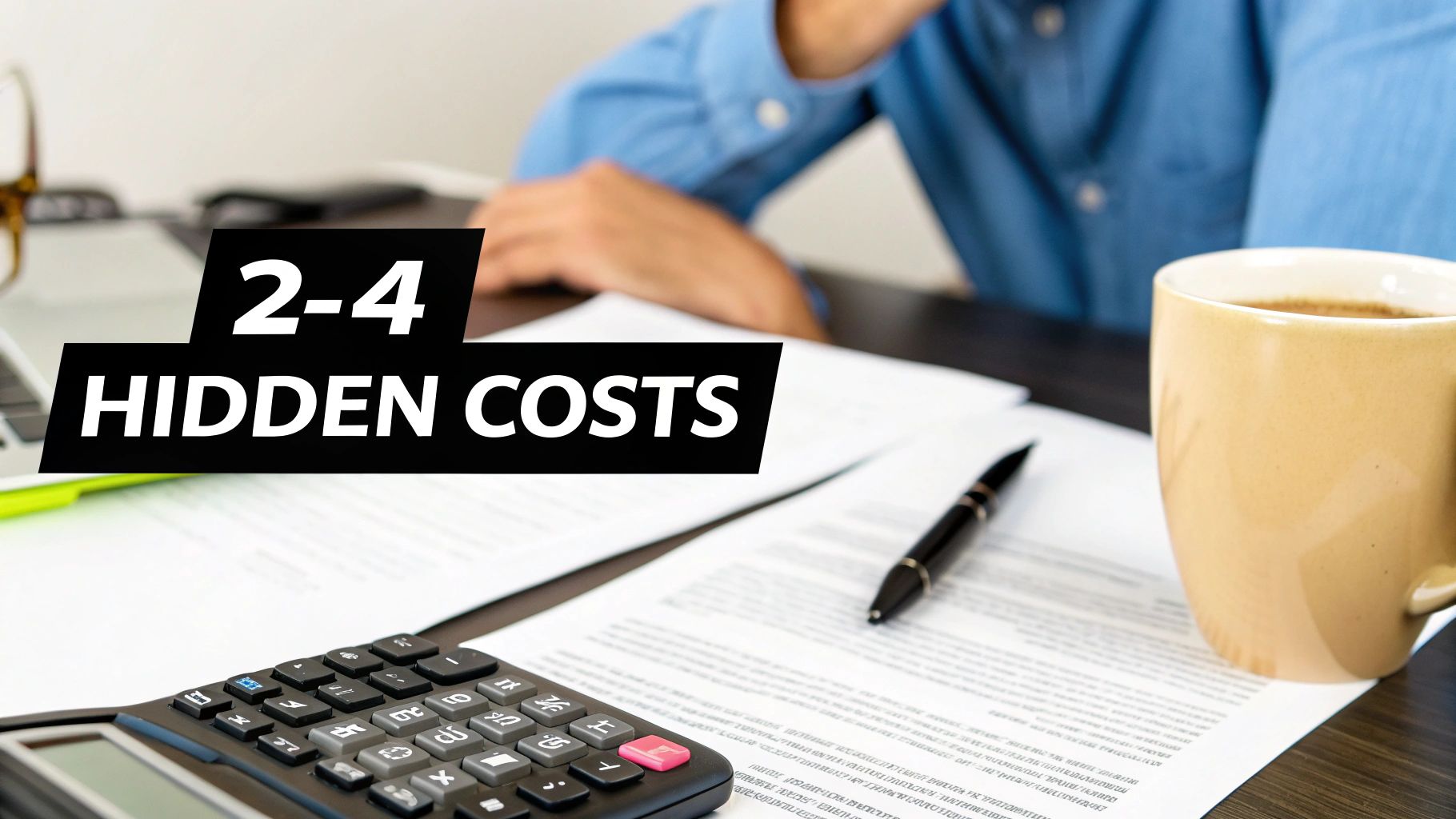 A person at a desk reviewing documents and calculating hidden costs with a calculator and coffee.
